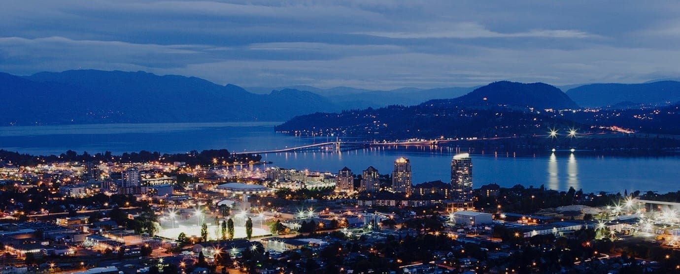 Downtown Kelowna and Okanagan Lake at dusk